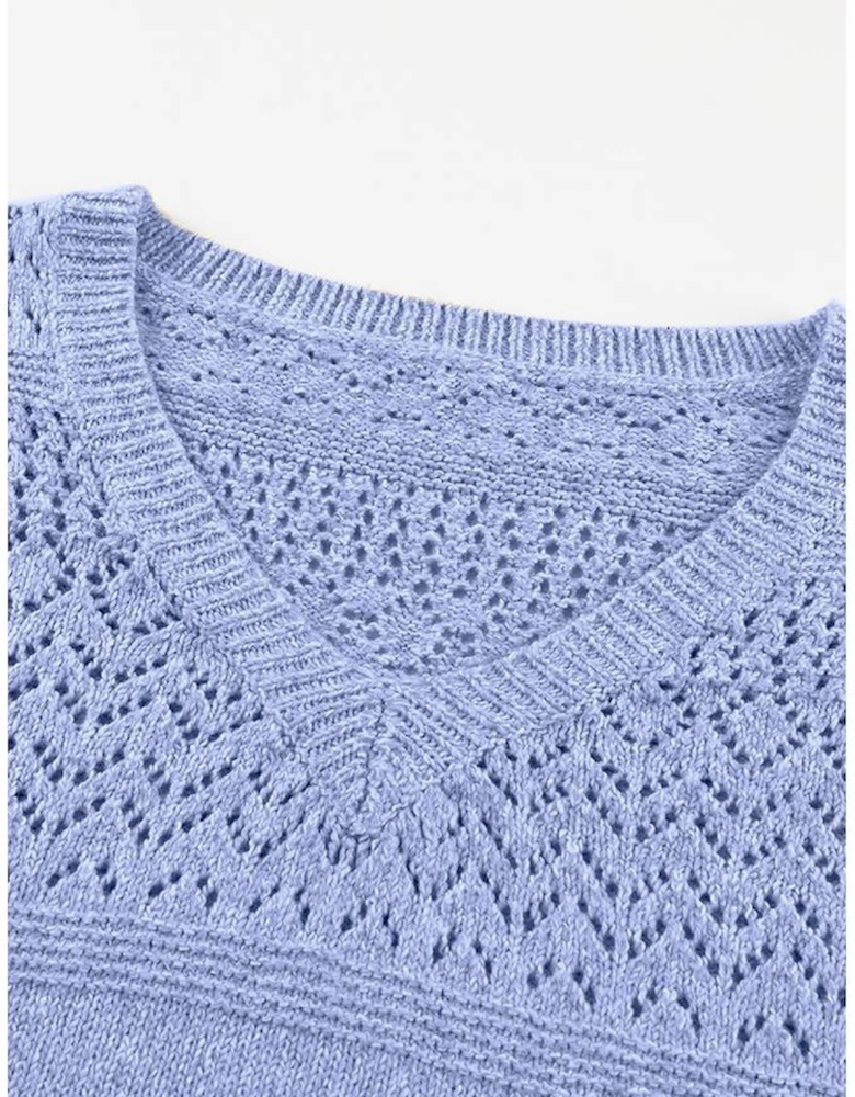 Sky Blue Eyelet Pattern Detail V Neck Drop Shoulder Sweater
