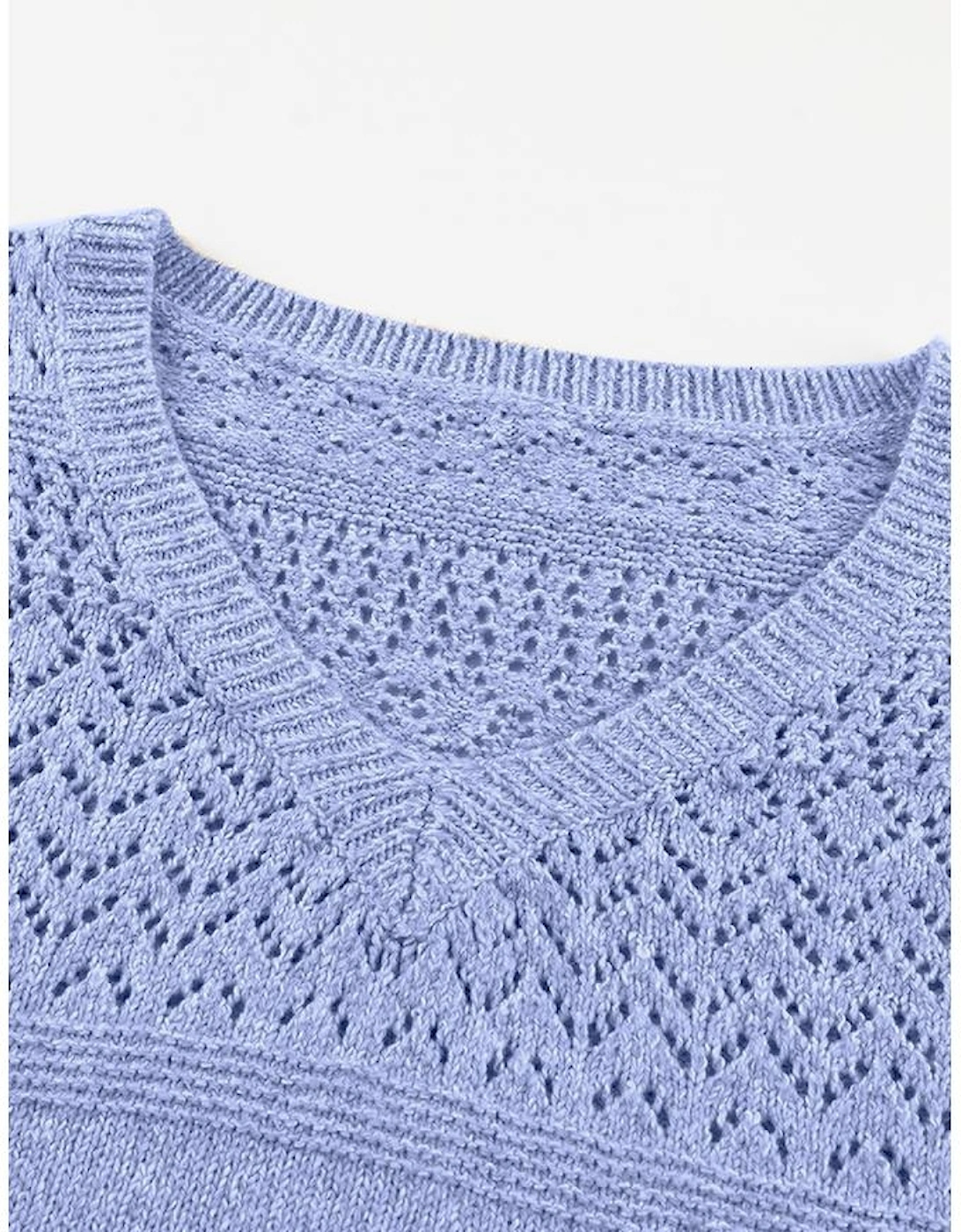 Sky Blue Eyelet Pattern Detail V Neck Drop Shoulder Sweater
