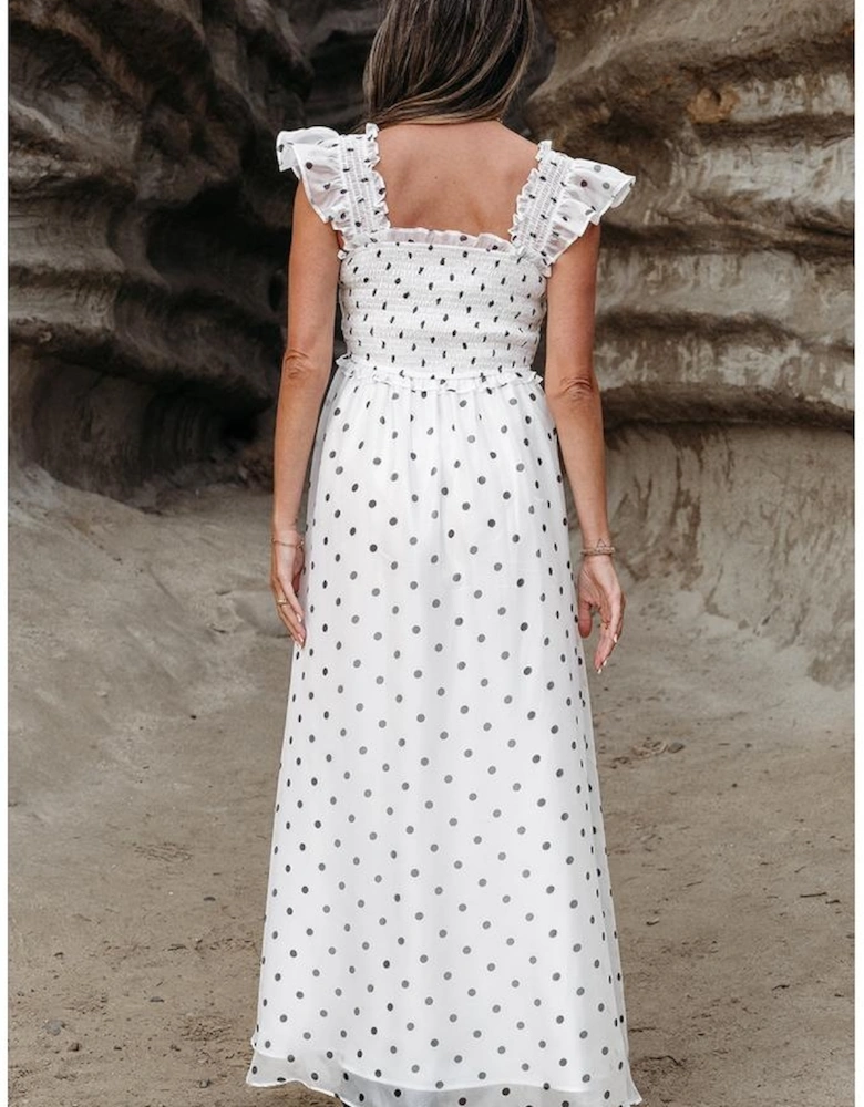 White Polka Dot Flutter Sleeve Square Neck Smocked Maxi Dress