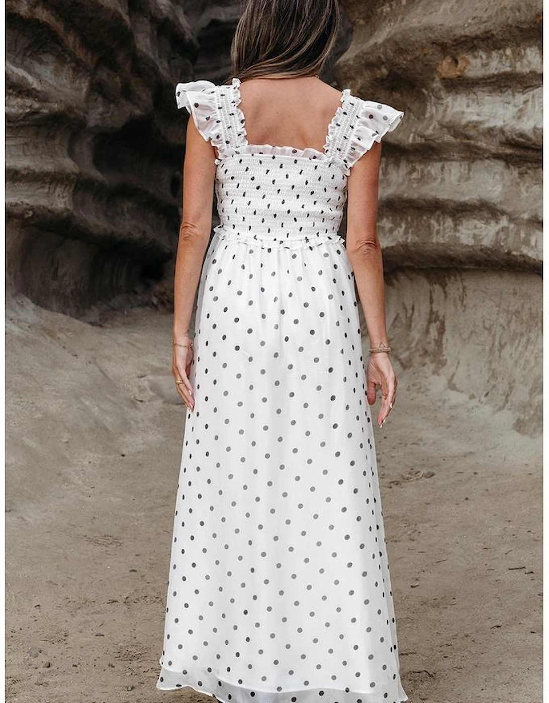 White Polka Dot Flutter Sleeve Square Neck Smocked Maxi Dress