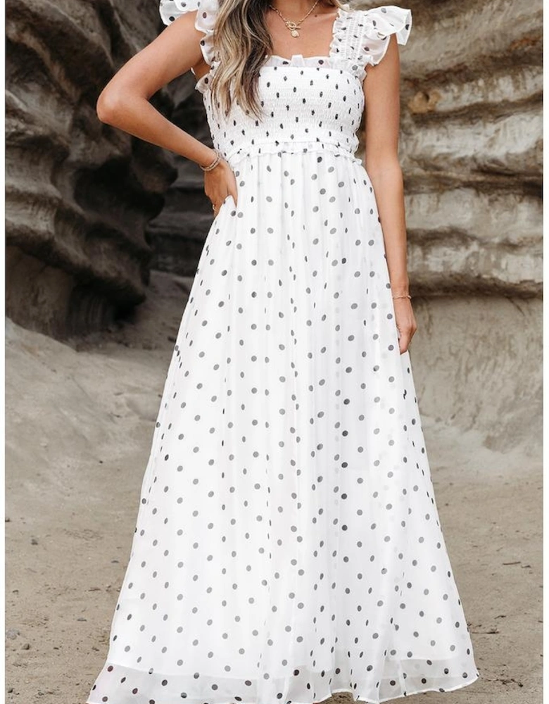 White Polka Dot Flutter Sleeve Square Neck Smocked Maxi Dress
