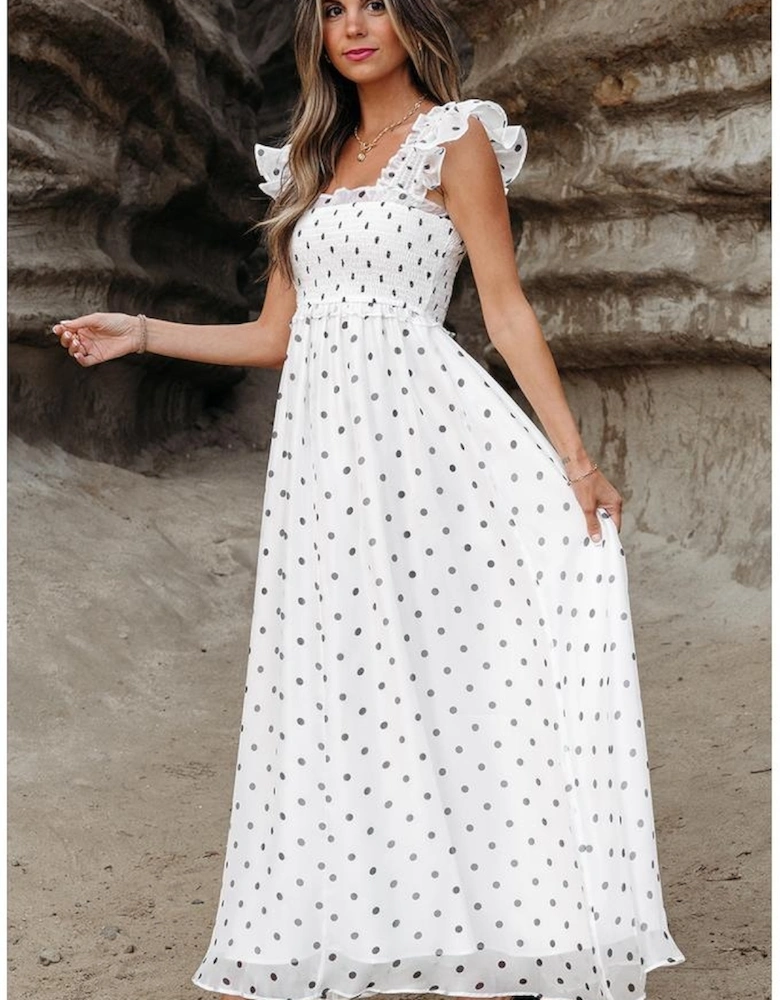White Polka Dot Flutter Sleeve Square Neck Smocked Maxi Dress