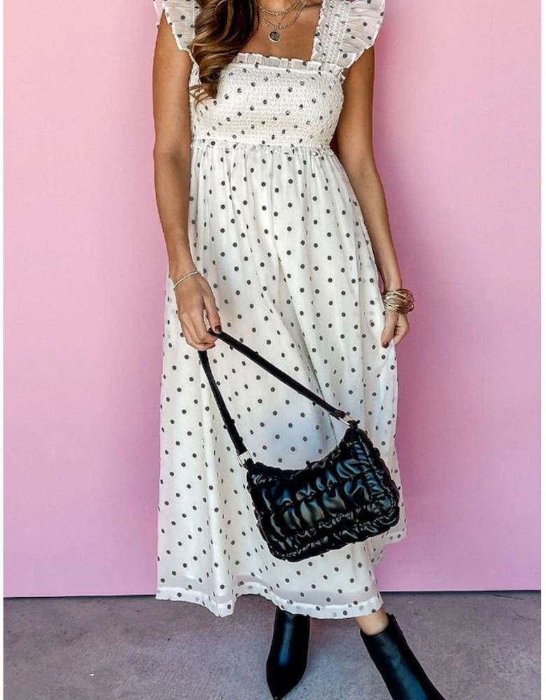 White Polka Dot Flutter Sleeve Square Neck Smocked Maxi Dress
