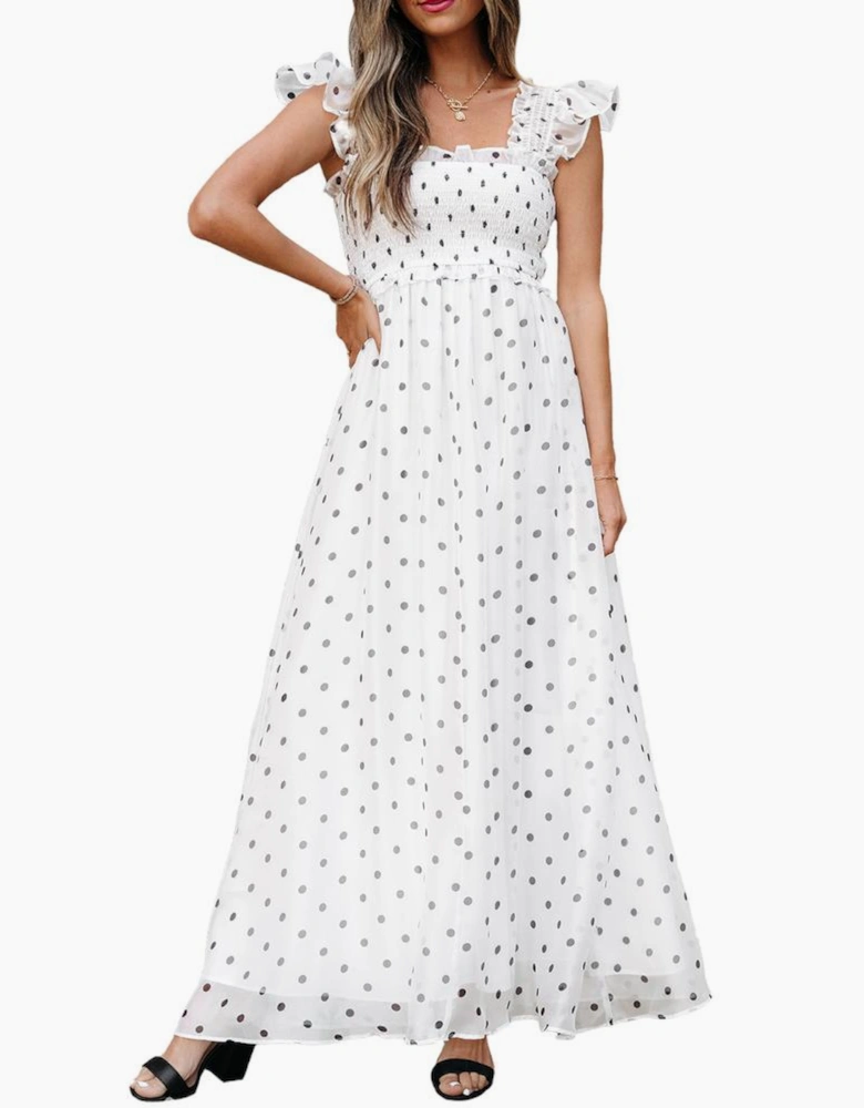 White Polka Dot Flutter Sleeve Square Neck Smocked Maxi Dress