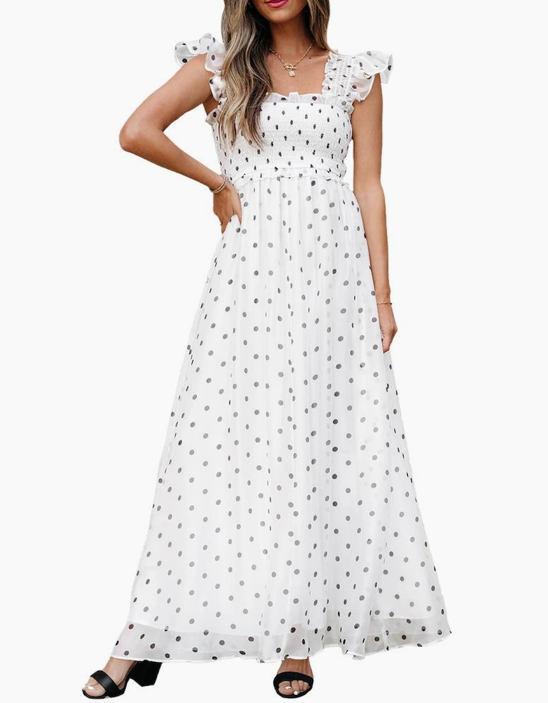 White Polka Dot Flutter Sleeve Square Neck Smocked Maxi Dress