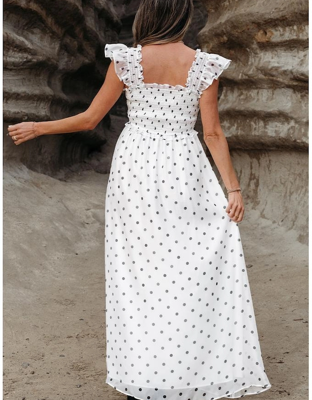 White Polka Dot Flutter Sleeve Square Neck Smocked Maxi Dress