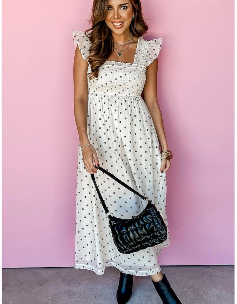 White Polka Dot Flutter Sleeve Square Neck Smocked Maxi Dress