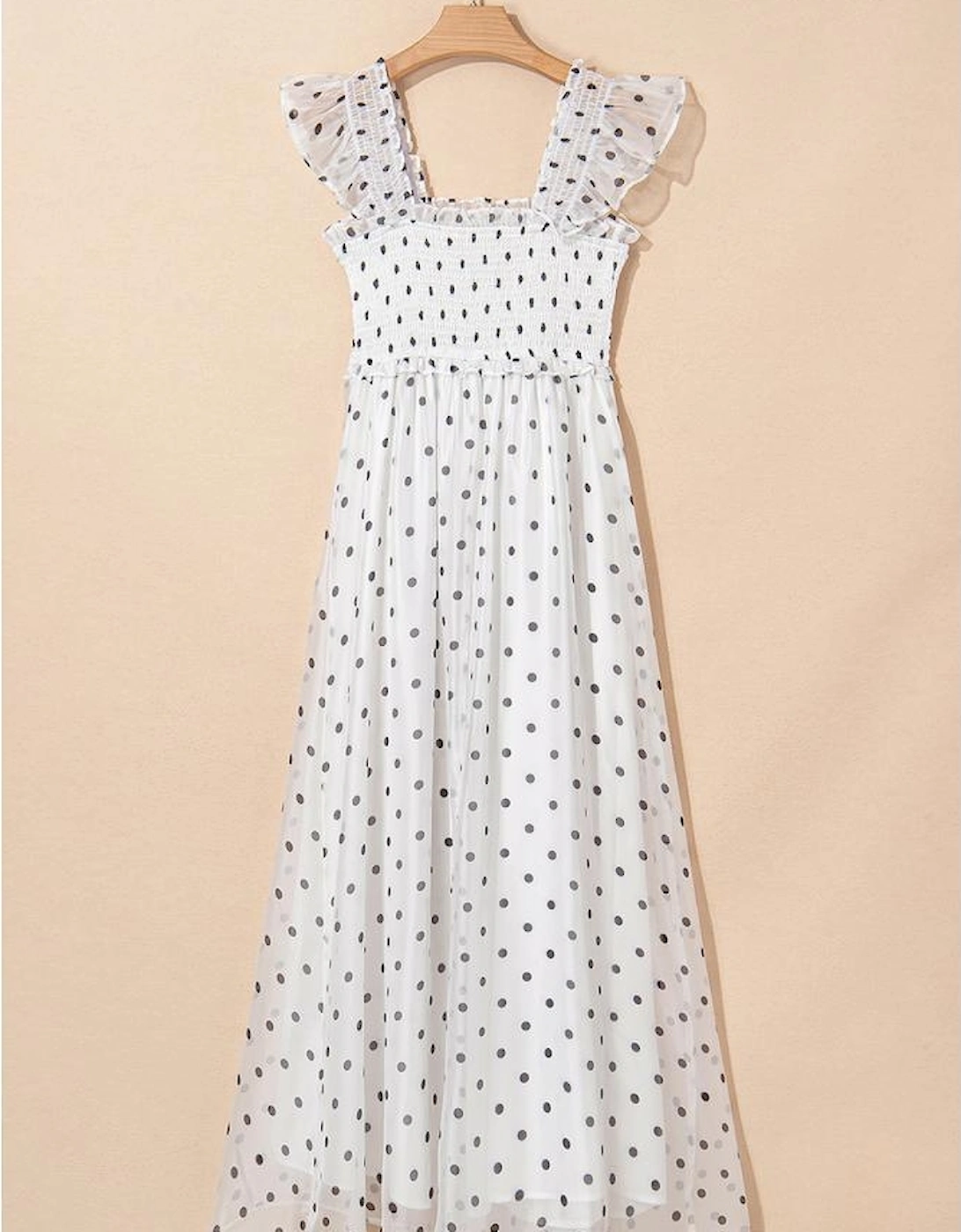 White Polka Dot Flutter Sleeve Square Neck Smocked Maxi Dress