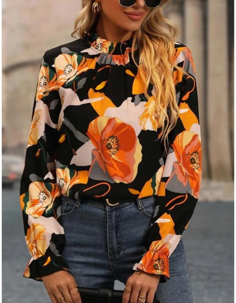 Black Floral Print Mock Neck Blouse