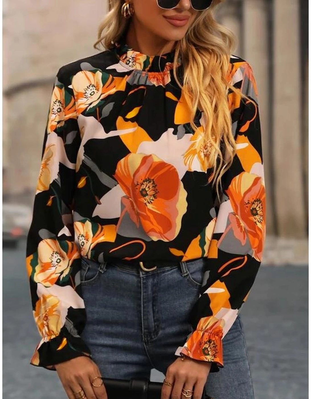 Black Floral Print Mock Neck Blouse