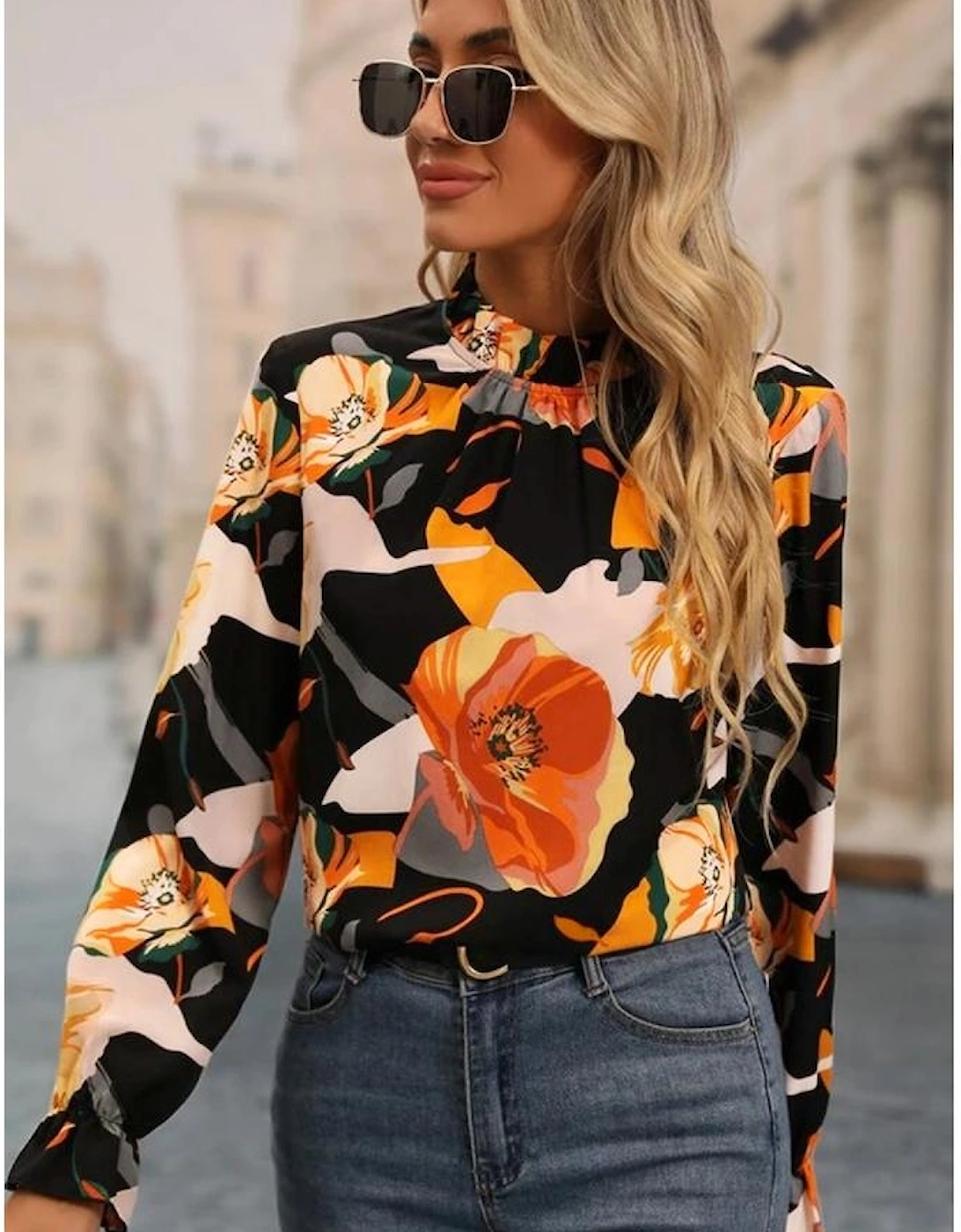 Black Floral Print Mock Neck Blouse