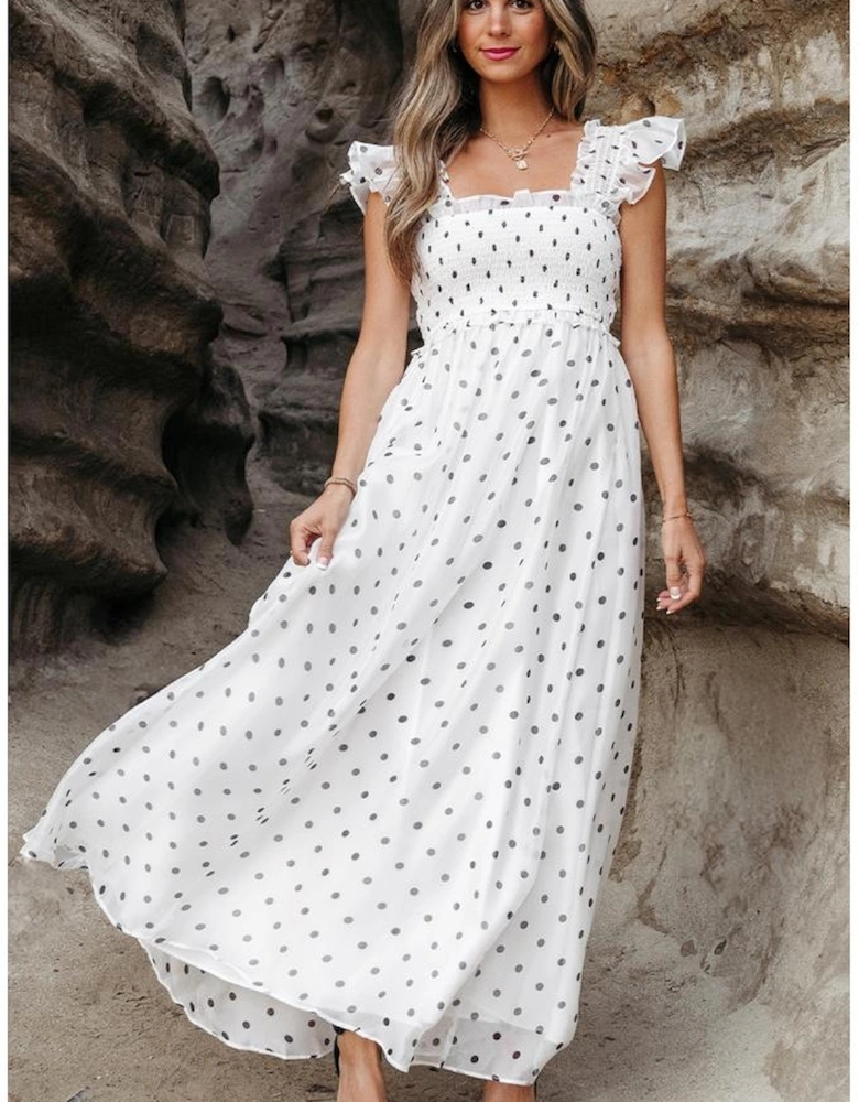 White Polka Dot Flutter Sleeve Square Neck Smocked Maxi Dress