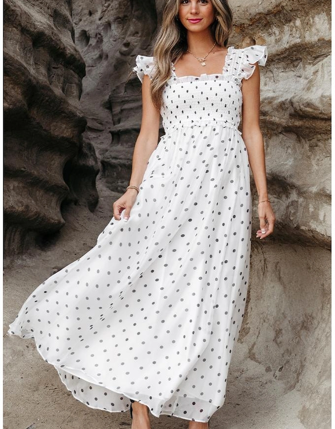 White Polka Dot Flutter Sleeve Square Neck Smocked Maxi Dress