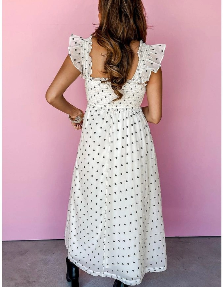 White Polka Dot Flutter Sleeve Square Neck Smocked Maxi Dress