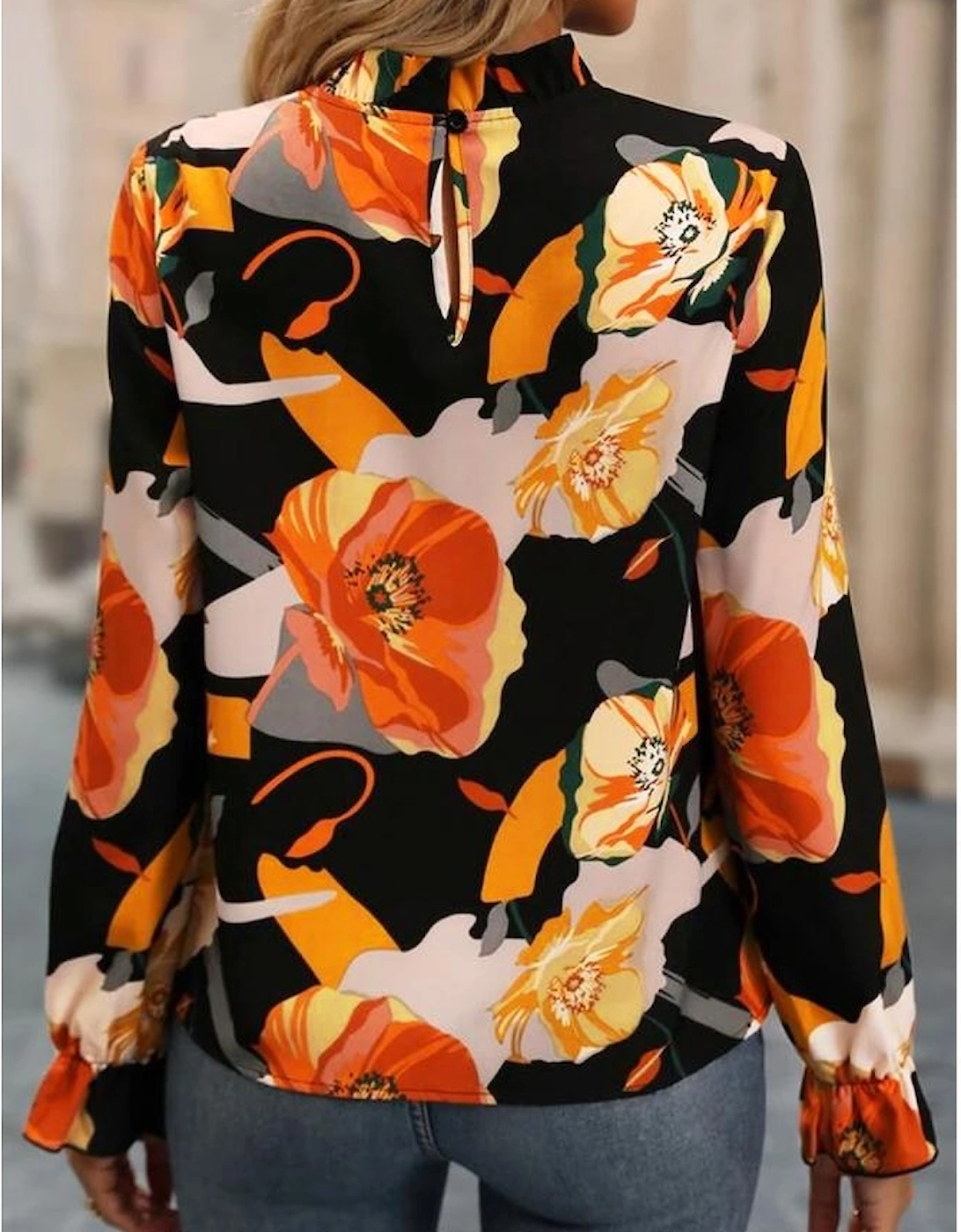 Black Floral Print Mock Neck Blouse, 6 of 5