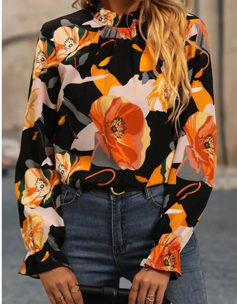 Black Floral Print Mock Neck Blouse