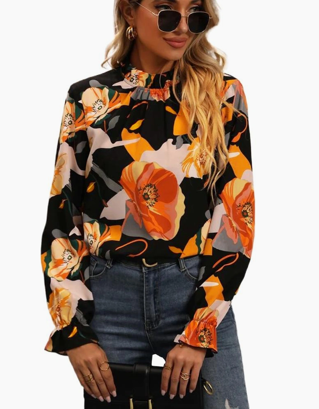 Black Floral Print Mock Neck Blouse