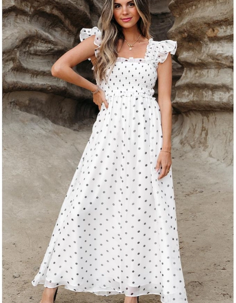 White Polka Dot Flutter Sleeve Square Neck Smocked Maxi Dress
