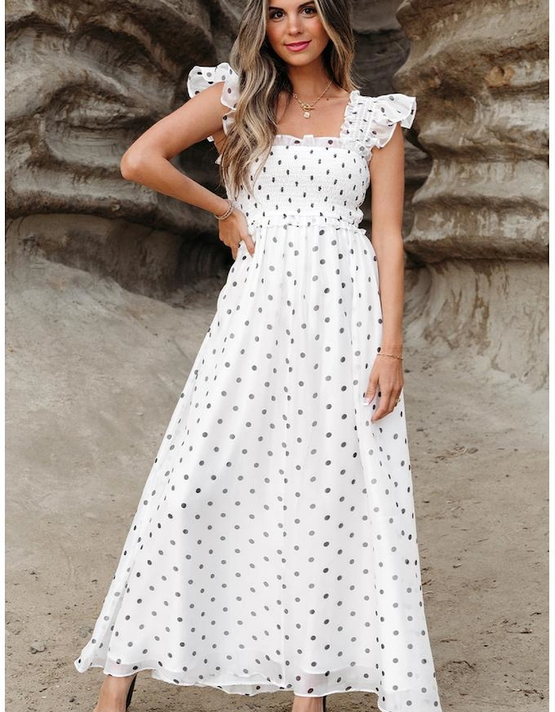 White Polka Dot Flutter Sleeve Square Neck Smocked Maxi Dress