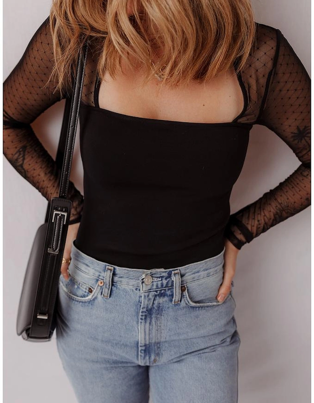 Black Polka Dot Mesh Long Sleeve Square Neck Bodysuit