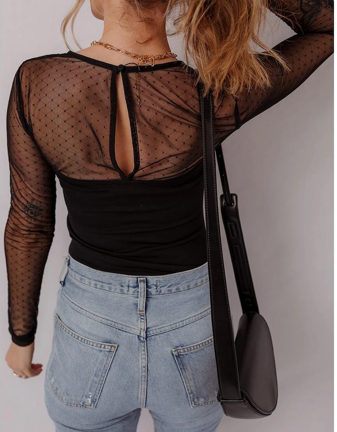 Black Polka Dot Mesh Long Sleeve Square Neck Bodysuit, 7 of 6