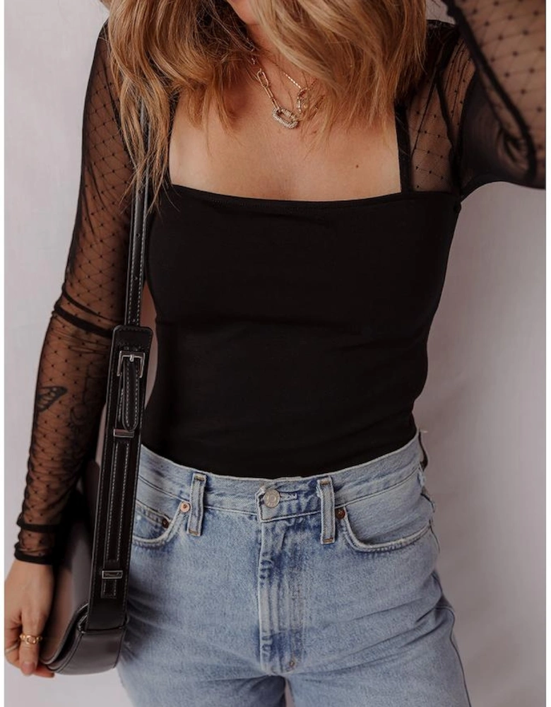 Black Polka Dot Mesh Long Sleeve Square Neck Bodysuit