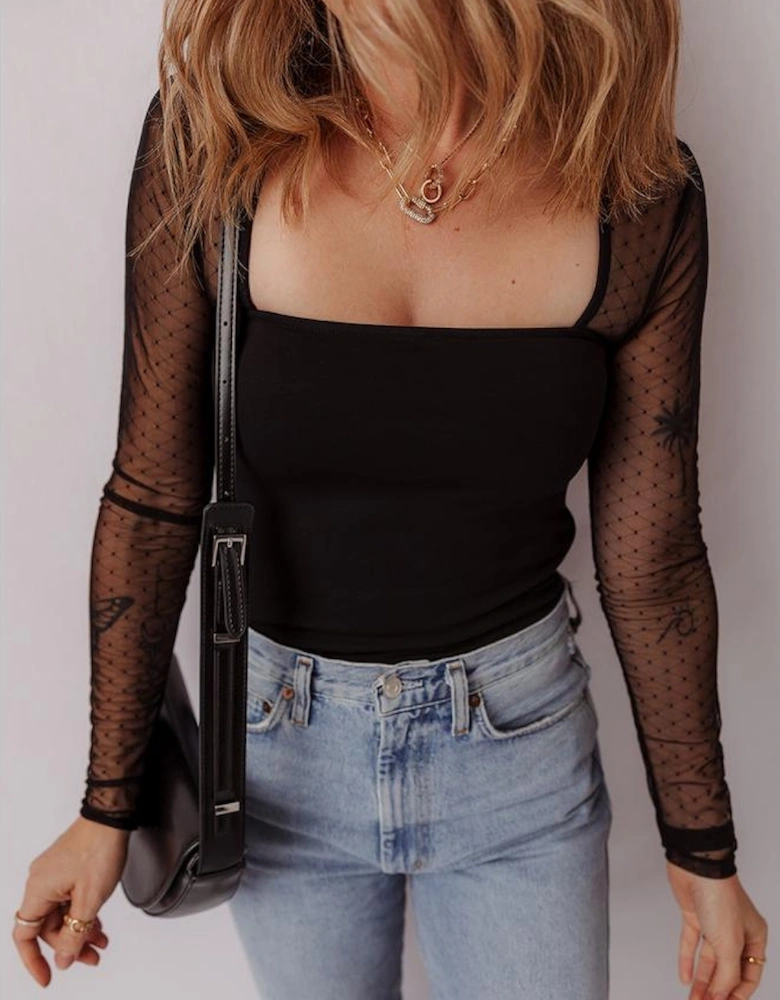 Black Polka Dot Mesh Long Sleeve Square Neck Bodysuit