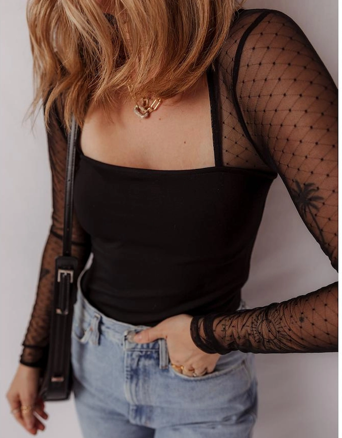 Black Polka Dot Mesh Long Sleeve Square Neck Bodysuit