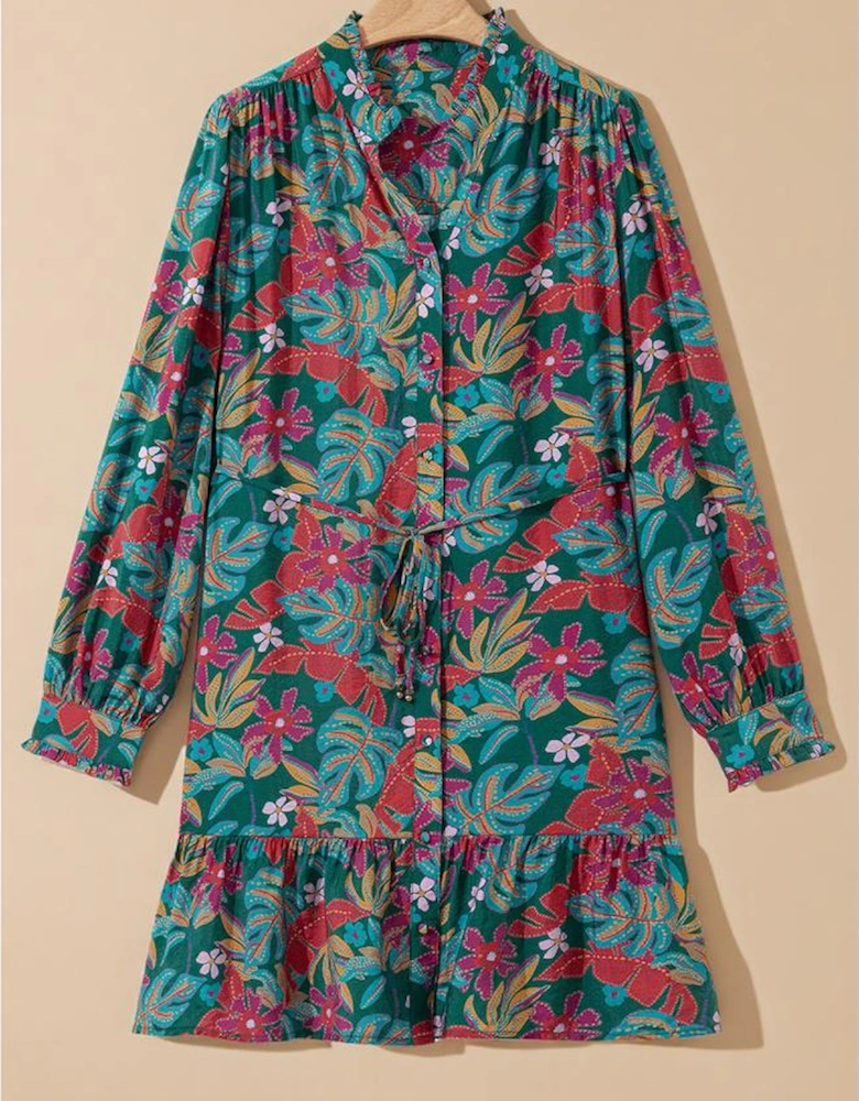 Green Floral Friled V Neck Puff Sleeve Ruffled Shirt Dress