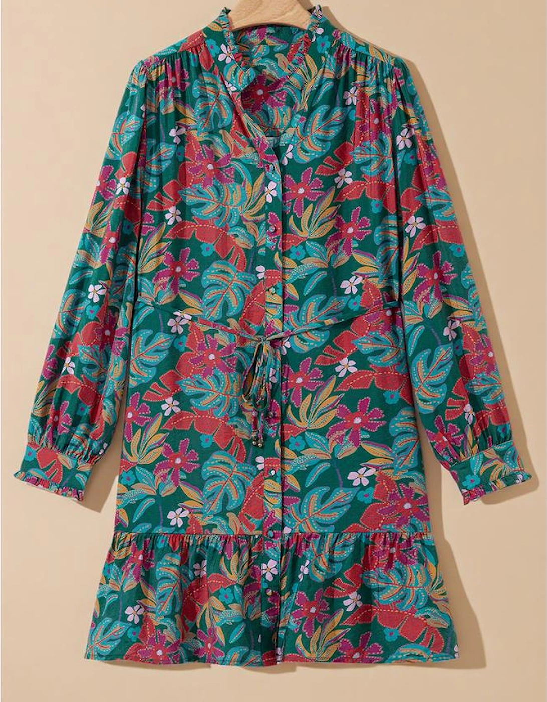 Green Floral Friled V Neck Puff Sleeve Ruffled Shirt Dress