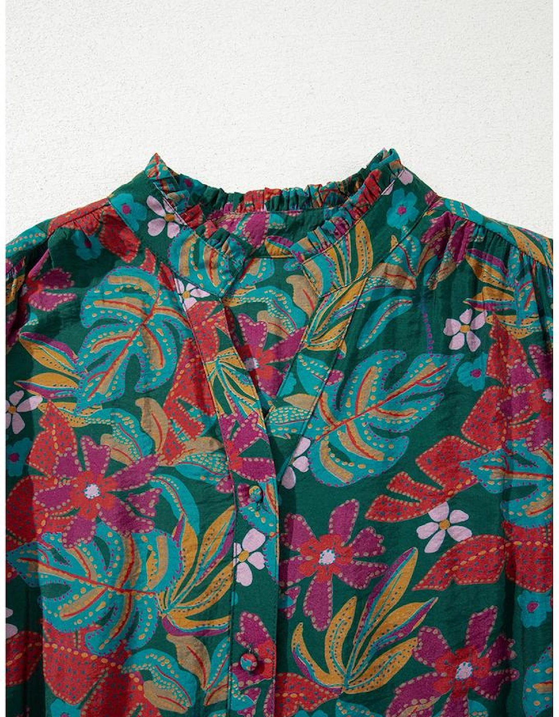 Green Floral Friled V Neck Puff Sleeve Ruffled Shirt Dress