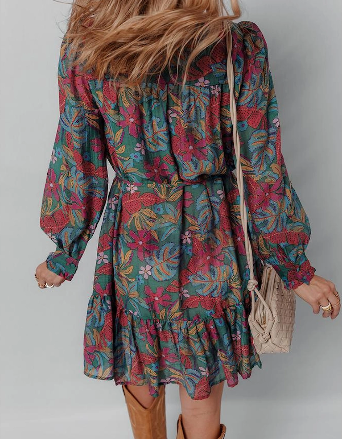 Green Floral Friled V Neck Puff Sleeve Ruffled Shirt Dress