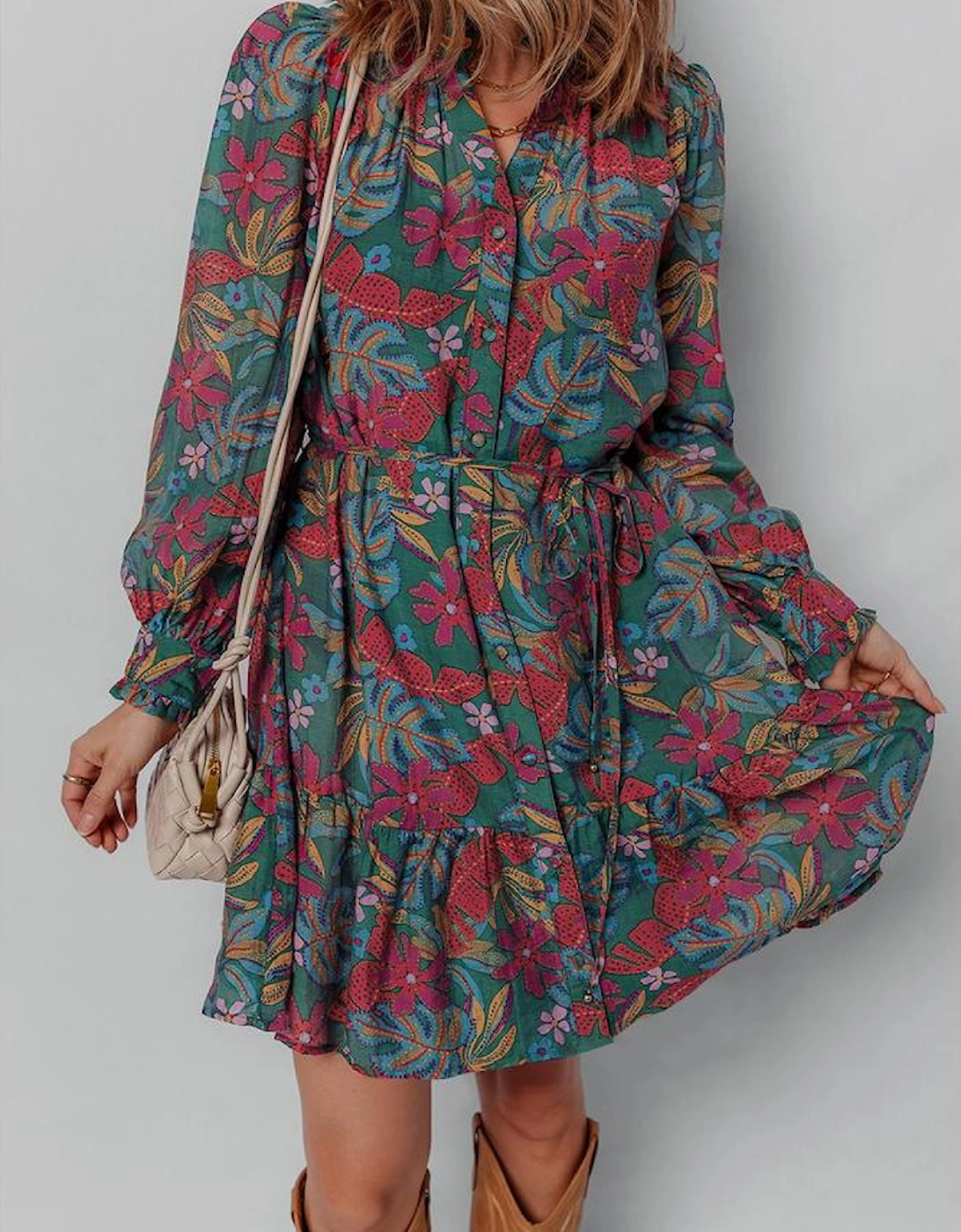Green Floral Friled V Neck Puff Sleeve Ruffled Shirt Dress, 16 of 15