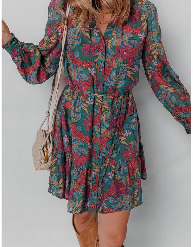 Green Floral Friled V Neck Puff Sleeve Ruffled Shirt Dress