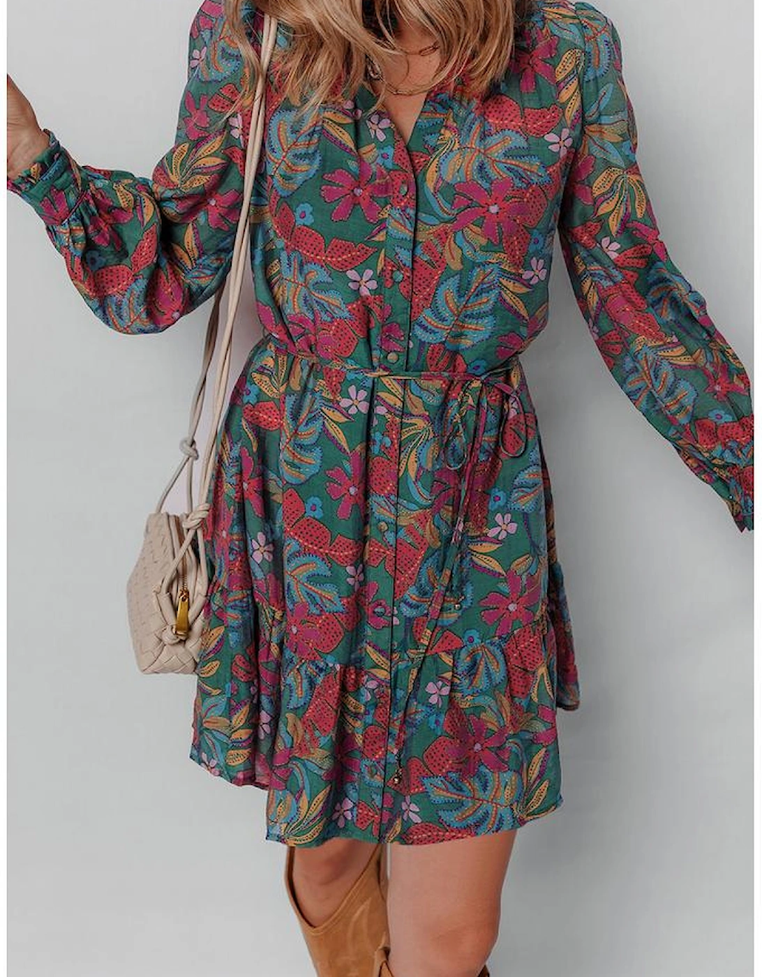 Green Floral Friled V Neck Puff Sleeve Ruffled Shirt Dress
