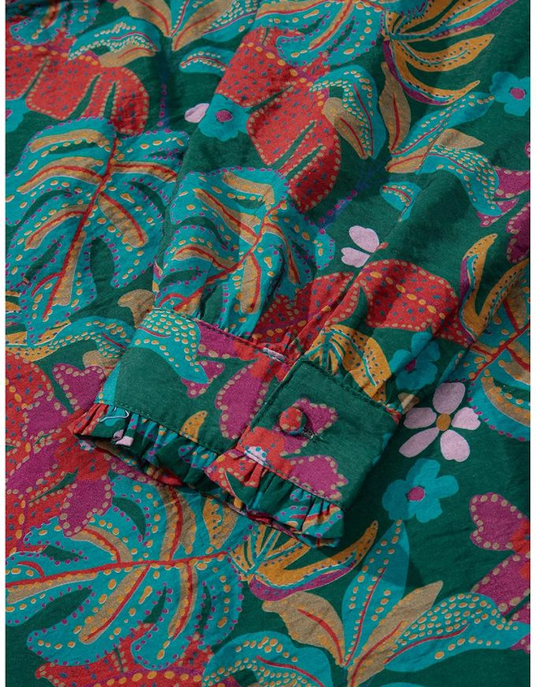 Green Floral Friled V Neck Puff Sleeve Ruffled Shirt Dress