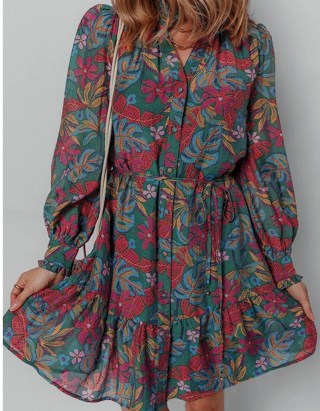 Green Floral Friled V Neck Puff Sleeve Ruffled Shirt Dress