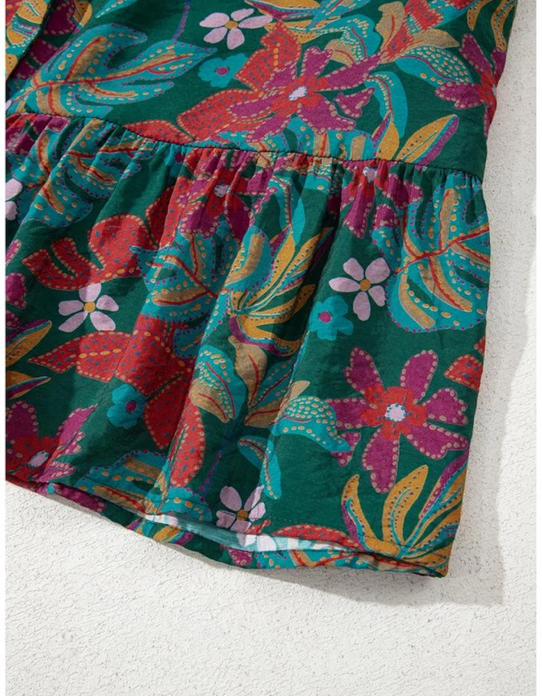 Green Floral Friled V Neck Puff Sleeve Ruffled Shirt Dress