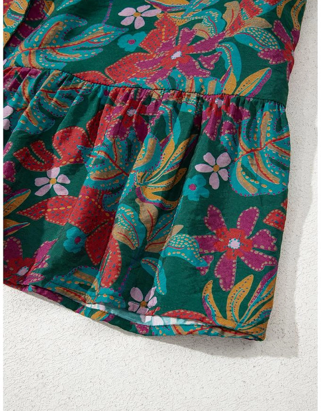 Green Floral Friled V Neck Puff Sleeve Ruffled Shirt Dress