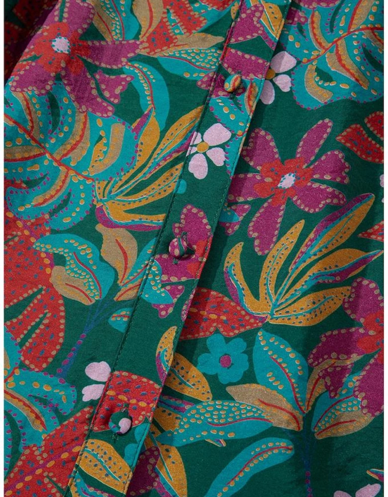 Green Floral Friled V Neck Puff Sleeve Ruffled Shirt Dress