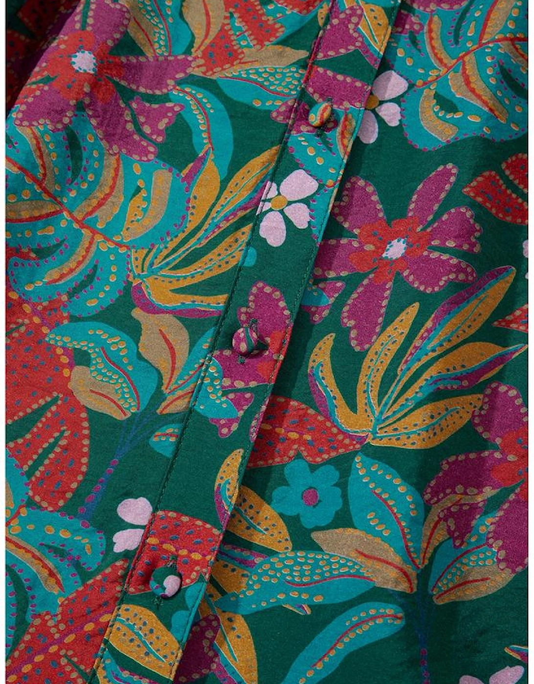 Green Floral Friled V Neck Puff Sleeve Ruffled Shirt Dress