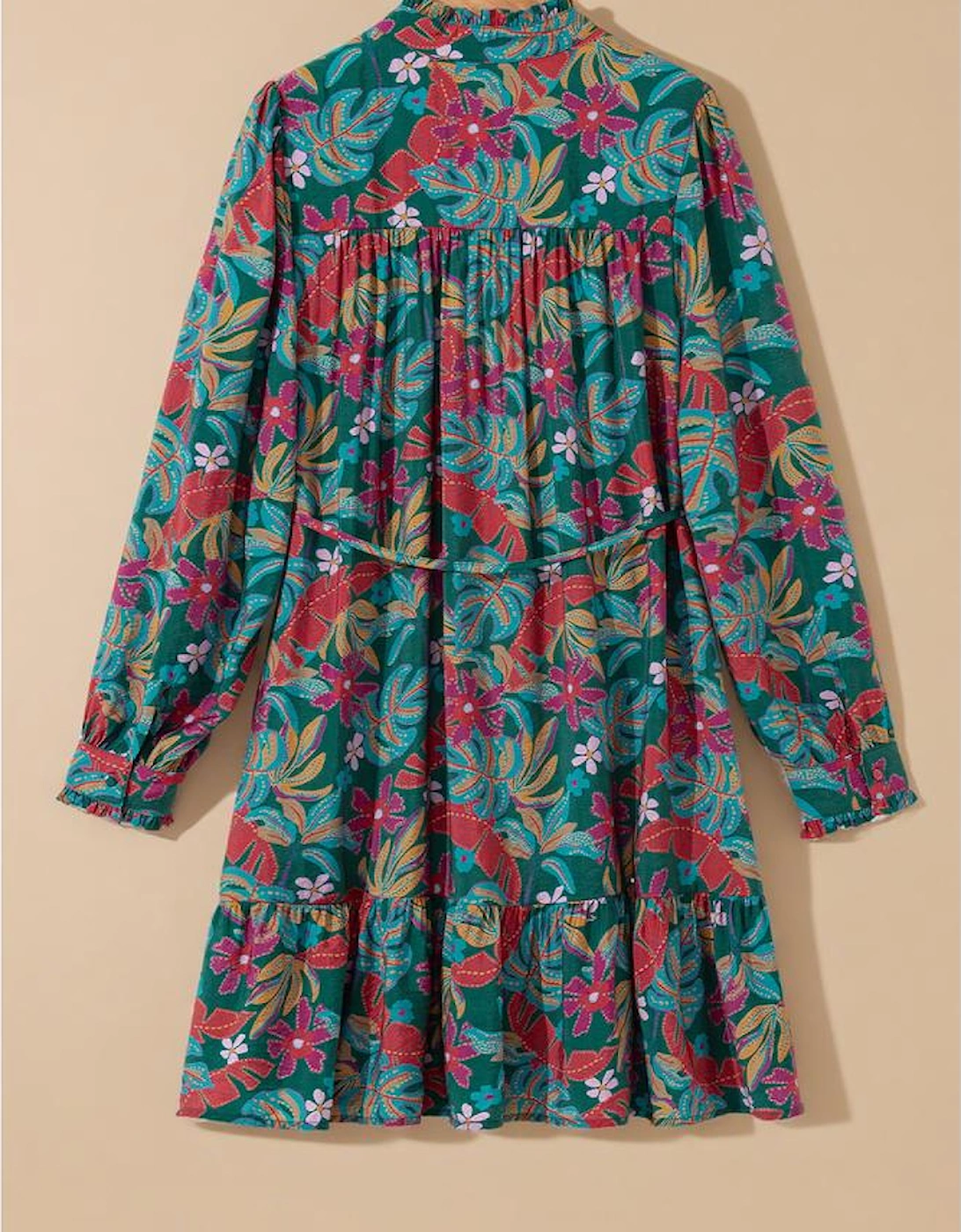 Green Floral Friled V Neck Puff Sleeve Ruffled Shirt Dress