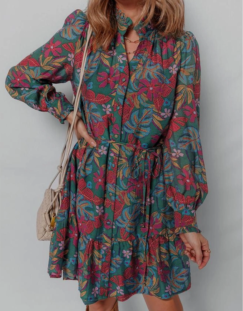 Green Floral Friled V Neck Puff Sleeve Ruffled Shirt Dress
