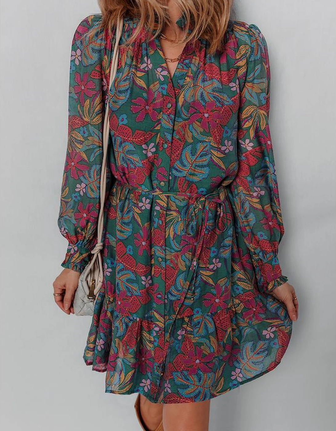 Green Floral Friled V Neck Puff Sleeve Ruffled Shirt Dress