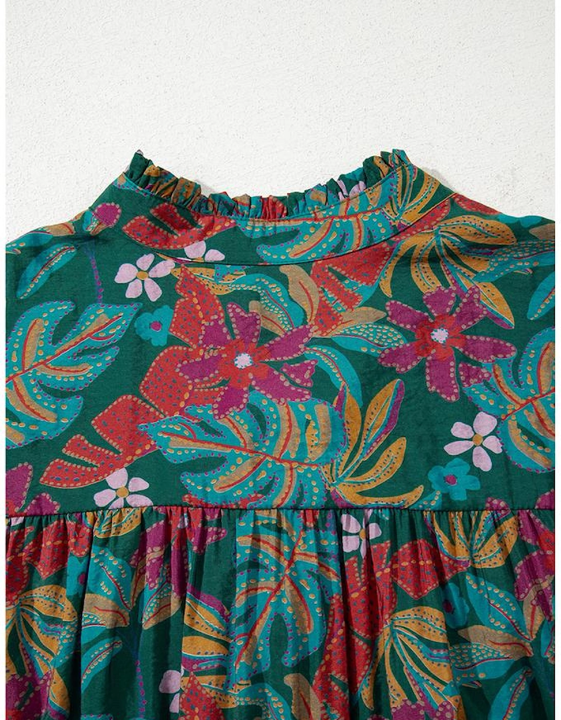 Green Floral Friled V Neck Puff Sleeve Ruffled Shirt Dress