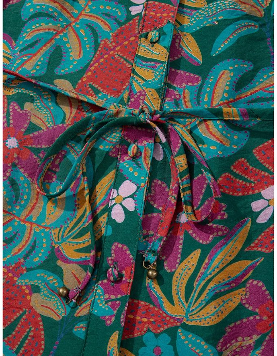 Green Floral Friled V Neck Puff Sleeve Ruffled Shirt Dress