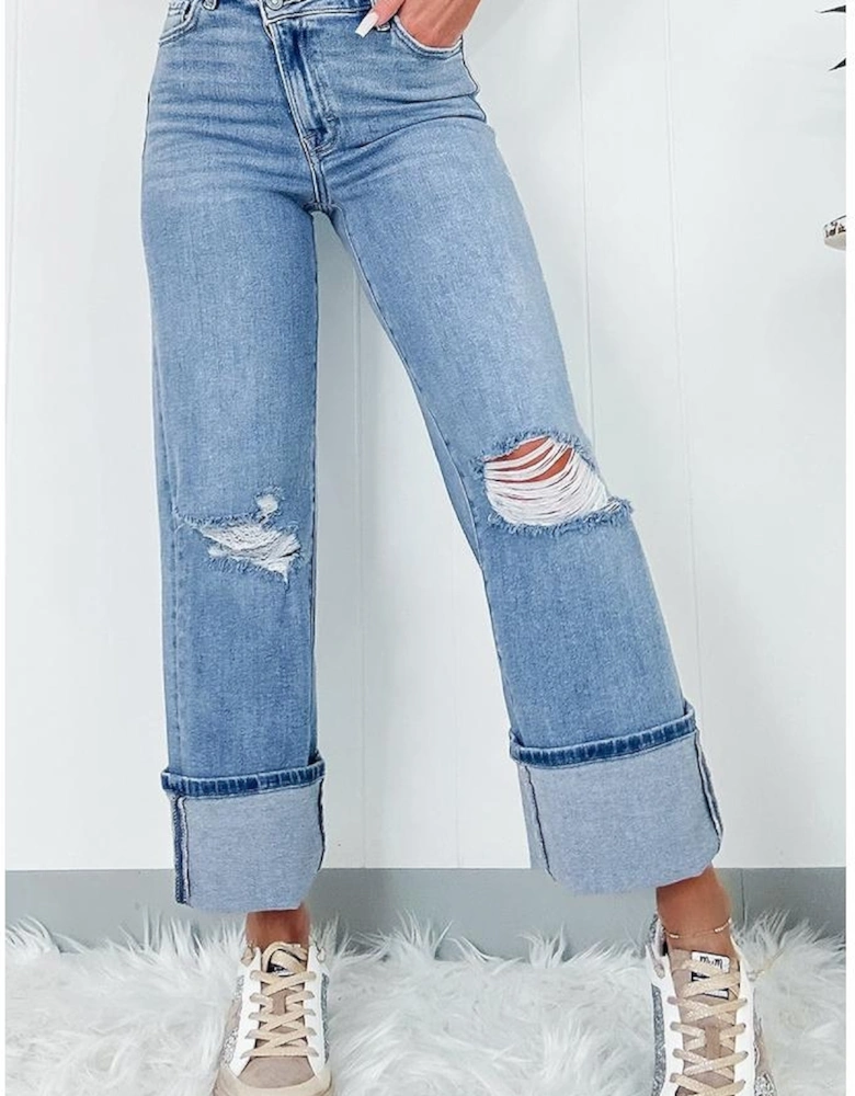 Dusk Blue High Rise Asymmetric Button Zip Fly Ripped Jeans