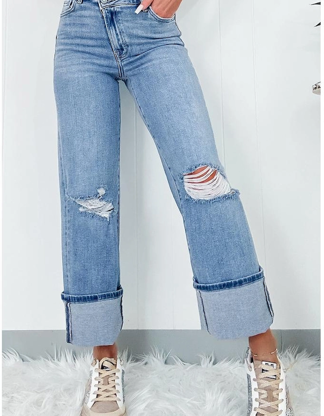 Dusk Blue High Rise Asymmetric Button Zip Fly Ripped Jeans