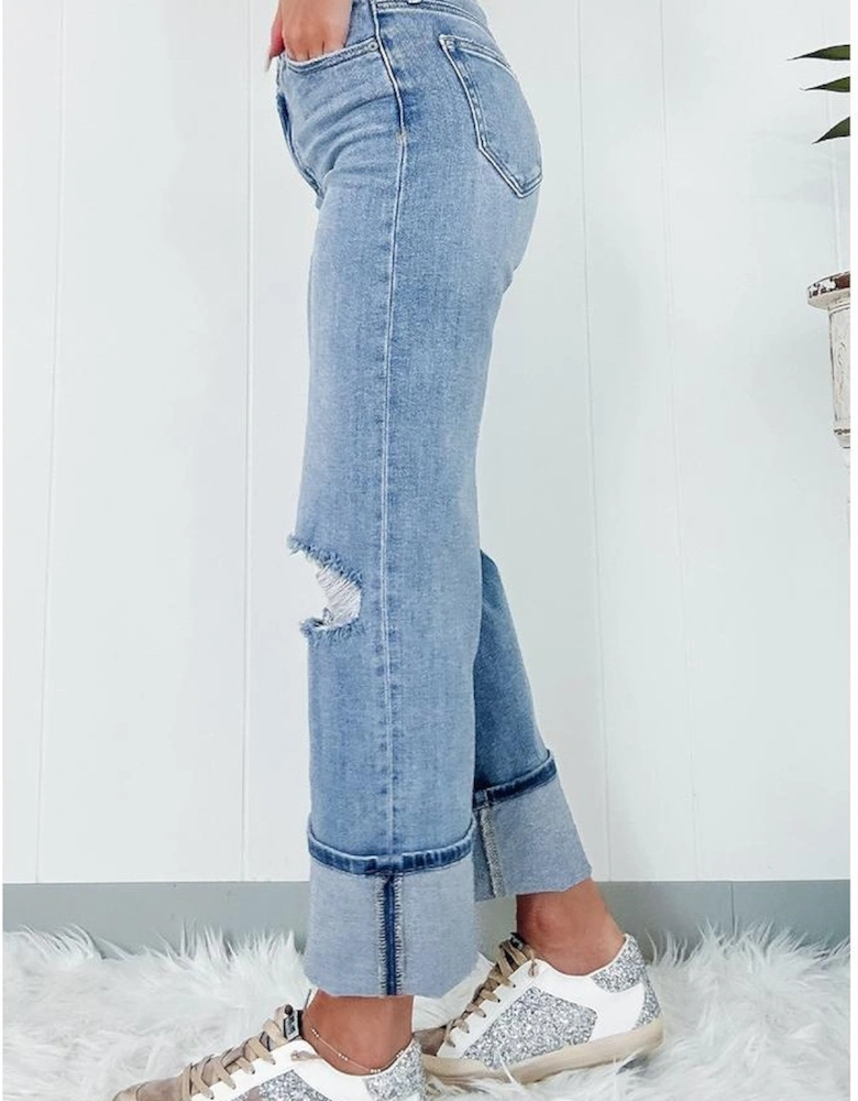 Dusk Blue High Rise Asymmetric Button Zip Fly Ripped Jeans