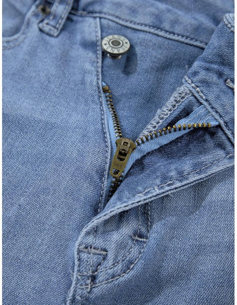 Dusk Blue High Rise Asymmetric Button Zip Fly Ripped Jeans